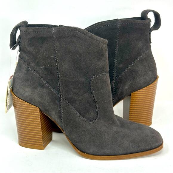 Zara Grey Suede Leather Stacked Heel Pull On Booties - Picture 1 of 9